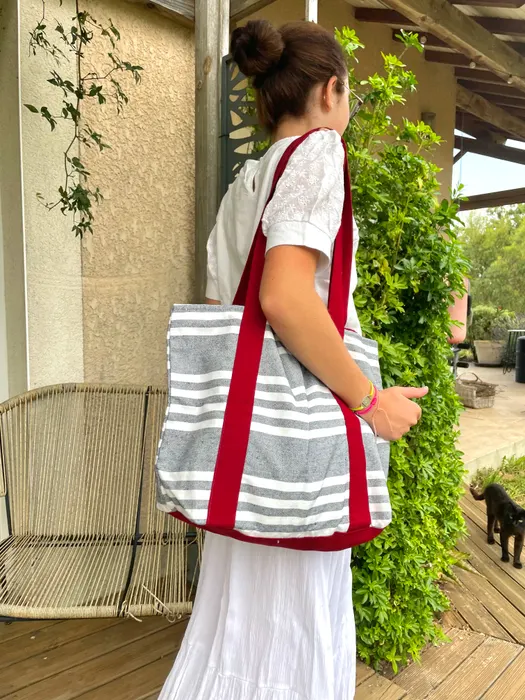 Sac caba - rayure marine & bordeaux uni