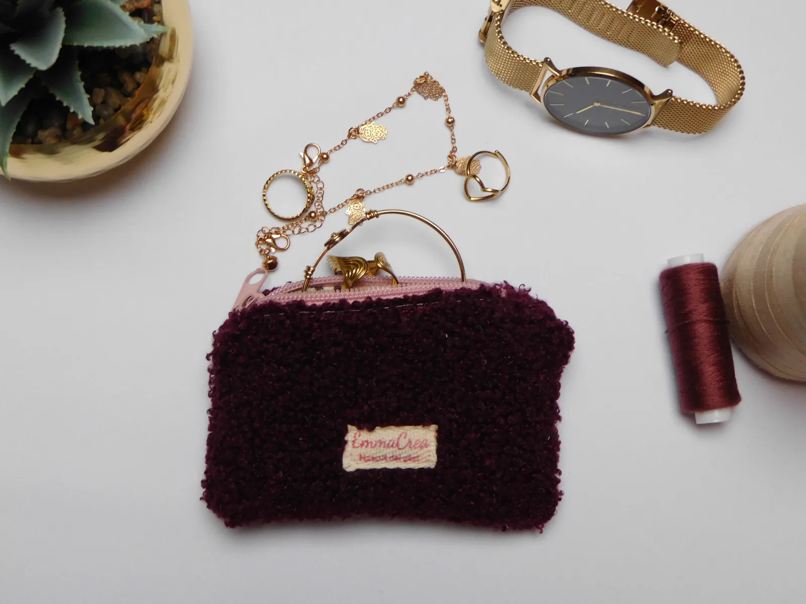 Pochette Ambre - tissu bouclette violet prune